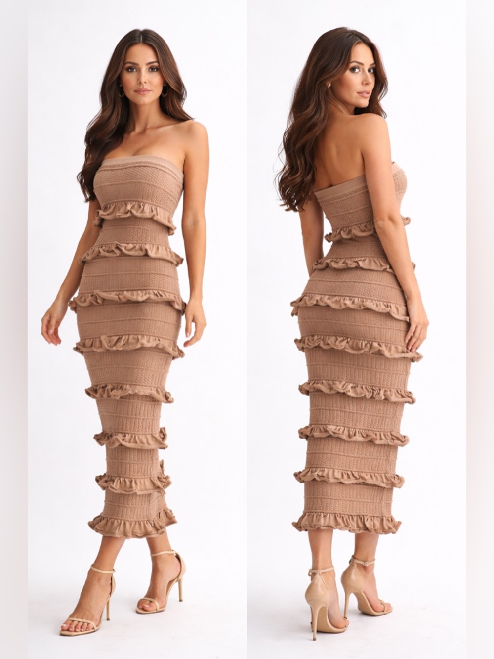 258. Amara Cloudstep Strapless Ruffled Knit Midi Dress in Tan